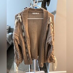 Altar'd State Tan Cardigan with Ribbon Accents